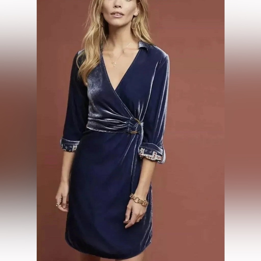 Maeve Anthropologie Blue Velvet Shirtdress wrap dress disco 70s